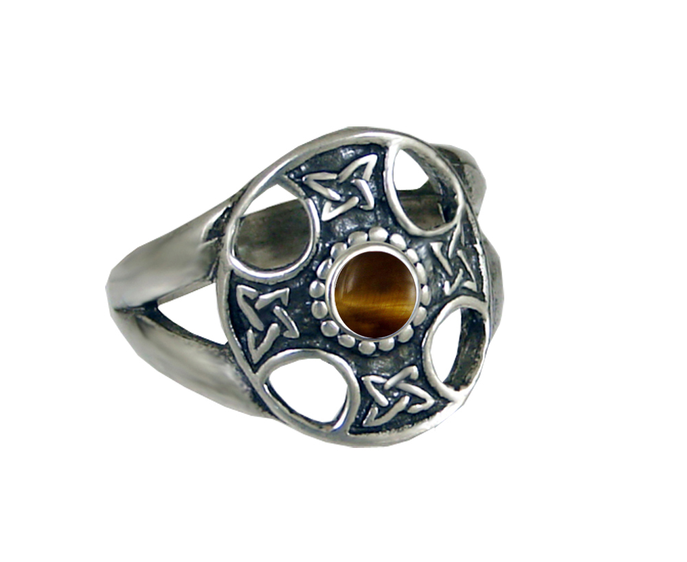 Sterling Silver Celtic Solar Cross Ring With Tiger Eye Size 10
